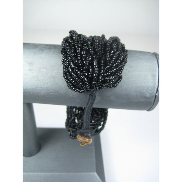 Black Beaded Bracelet Round Brass Spiral Button Closure Boho Hippie Glass - Picture 6 of 9